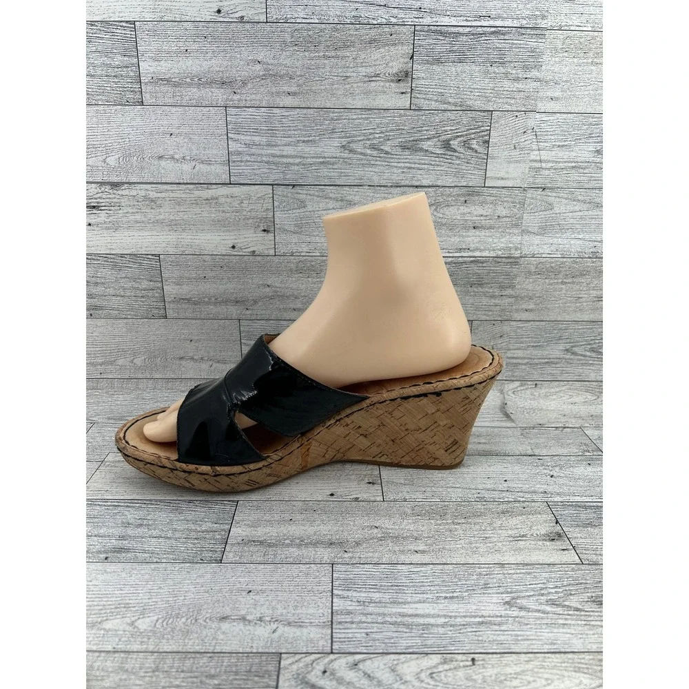 Born B94609 Black Patent Leather Cork Wedge Slide Sandals Women Sz US 10 EU 42